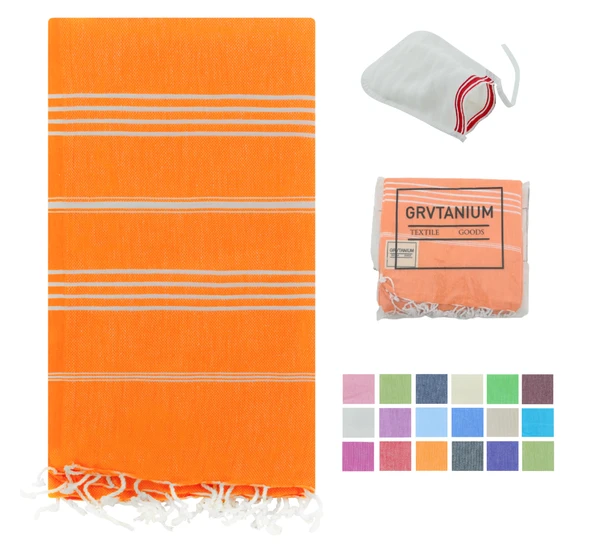 GRVTANIUM Turuncu %100 Pamuk 180x100cm Peştemal Püsküllü Banyo,Plaj,Hamam Havlusu Kese Hediyeli M2
