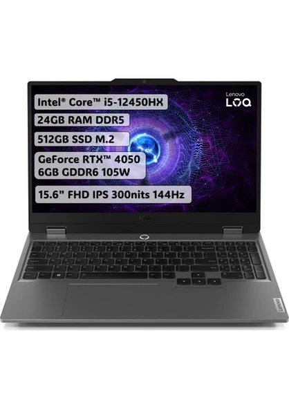 LENOVO LOQ Intel Core i5 12450HX 24GB 512GB SSD RTX4050 Freedos 15.6" FHD Taşınabilir Bilgisayar 83GS009ATR