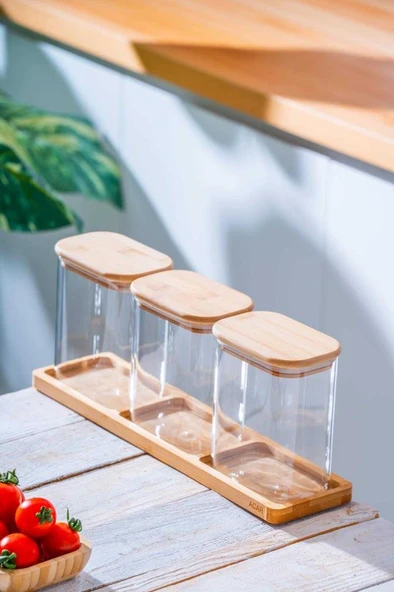 Acar Malibu Bambu Standlı 3lü Boroslikat Cam Baharatlık Seti LND-07583