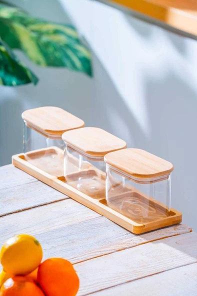 Acar Malibu Bambu Standlı 3lü Boroslikat Cam Baharatlık Seti LND-07582