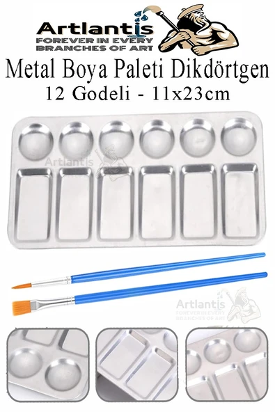 Dikdörtgen Metal Palet 1 Adet Metal Boya Paleti 12 Hazneli 11x23 cm Paslanmaz Resim Boyama Paleti Fırça Hediyeli