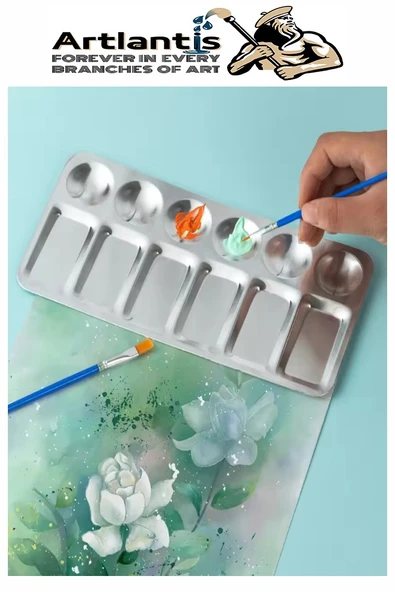 Dikdörtgen Metal Palet 1 Adet Metal Boya Paleti 12 Hazneli 11x23 cm Paslanmaz Resim Boyama Paleti Fırça Hediyeli - 7