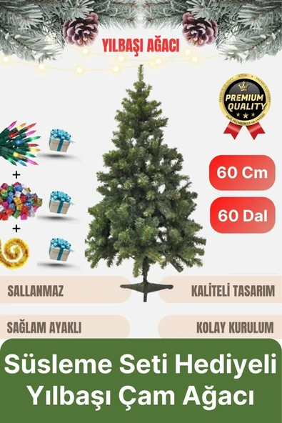 Premium Kalite Yeni Yıl Süsleme Seti Renkli Işık Hediyeli Yılbaşı Çam Ağacı Noel Paketi 60 Cm 60 Dal
