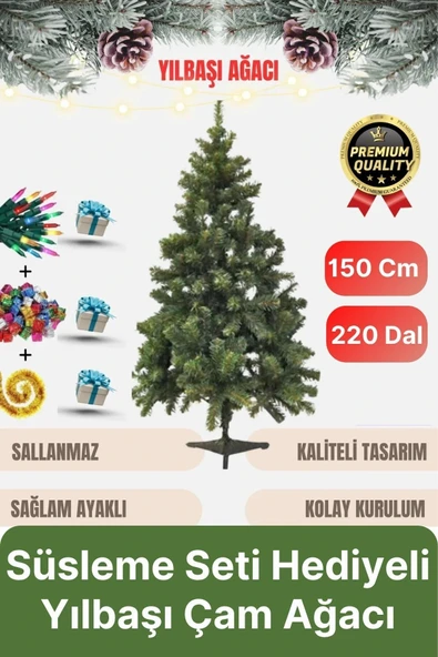 Premium Kalite Yeni Yıl Süsleme Seti Renkli Işık Hediye Yılbaşı Çam Ağacı Noel Paketi 150 Cm 220 Dal