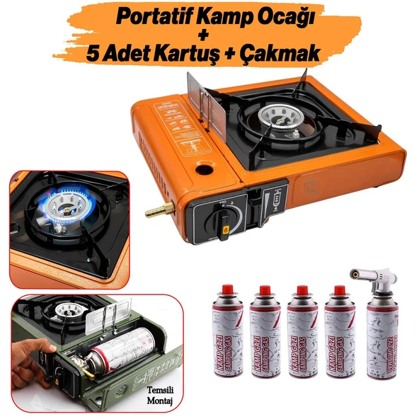 Taşınabilir Kamp Ocağı Portatif Tek Gözlü (5 Adet) Gaz Kartuşlu Tüp Uyumlu Bağlantı Gezi Piknik Ocak