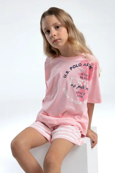U.S. Polo Assn. 2073 Garson Kız Çocuk Bisiklet Yaka Kısa Kollu Çizgili Şort Pijama Takım ürün görseli 1