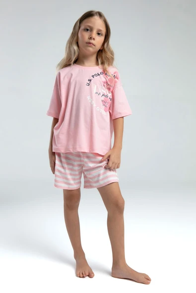 U.S. Polo Assn. 2073 Garson Kız Çocuk Bisiklet Yaka Kısa Kollu Çizgili Şort Pijama Takım - Resim 2