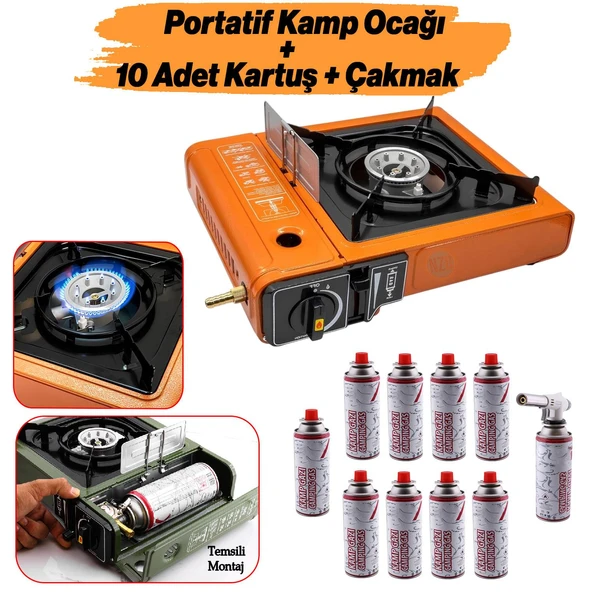 Taşınabilir Kamp Ocağı Portatif Tek Gözlü (10 Adet) Gaz Kartuşlu Tüp Uyumlu Bağlantı Piknik Ocak
