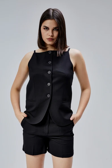 Siyah Regular Fit Astarlı Askılı Yelek