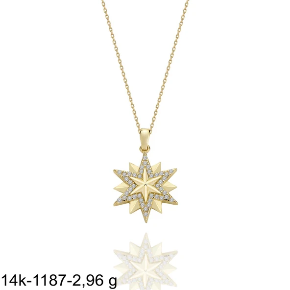 Üç Yıldız Özel Tasarım Çok Şık14 Ayar Altın Kolye - Resim 2