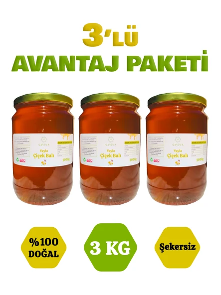 3 Adet 1 Kg Şekersiz Yayla Çiçek Balı 3’lü Avantaj Paketi 3 KG