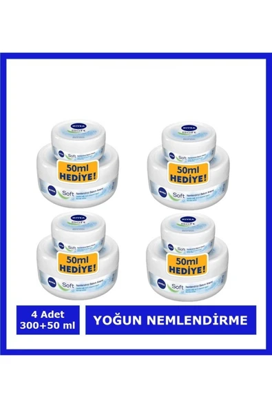 NIVEA Nemlendirici Soft Bakım Kremi , El Yüz Vücut, Besleyici, Jojoba Yağı, E Vitamini 300 + 50 ml 4 ADET