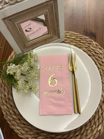Gold Yaldızlı Pembe Happy Yaş Months Garson Katlama Peçete 16 Adet