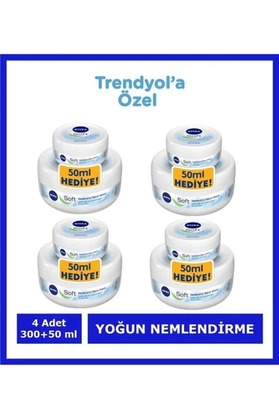 NIVEA Nemlendirici Soft Bakım Kremi , El Yüz Vücut, Besleyici, Jojoba Yağı, E Vitamini 300 + 50 ml 4 ADET - 2