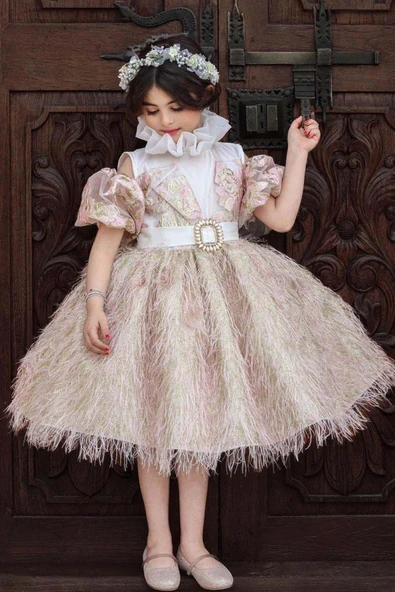 Kız Çocuk Palyaço Yaka Düşük Omuzlu Balon Kollu Eteği Kırçıllı V Kesim Detaylı Pudra Abiye ürün görseli