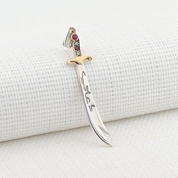 Türkçe ve Arapça Hz Ali Yazılı Zülfikar Tasarımlı 925 Ayar Gümüş Kolye Ucu - Resim 2