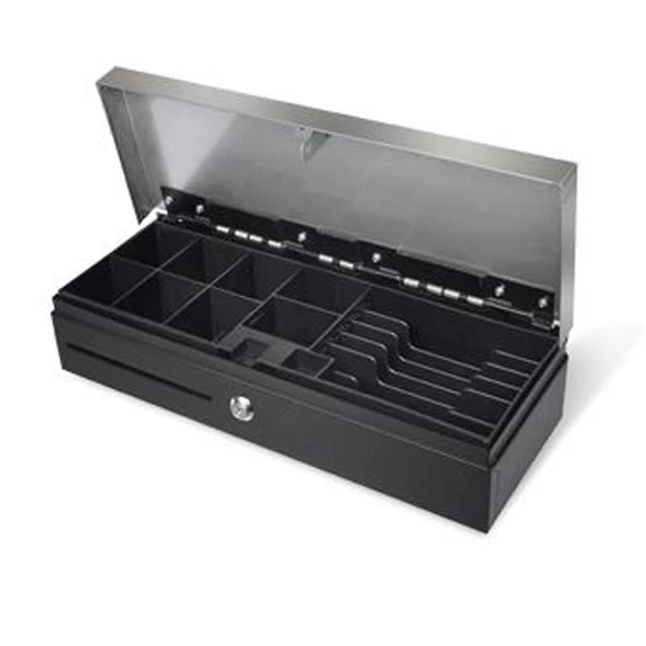 Metal Kasa üst Metalik Alt Siyah Renk Para Çekmecesi Ayarlanabilir 5 Banknot 8 Bozuk Para Haznesi 46X17 INOX-ECO-EUROPE 10 Cm RJ11 - 24 V - 2 Pozisyonlu - 2