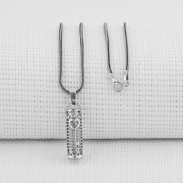Cevşeni Kebir Dua Yazılı Kalp ve Vav Detaylı 925 Ayar Gümüş Cevşen Kolye ürün görseli