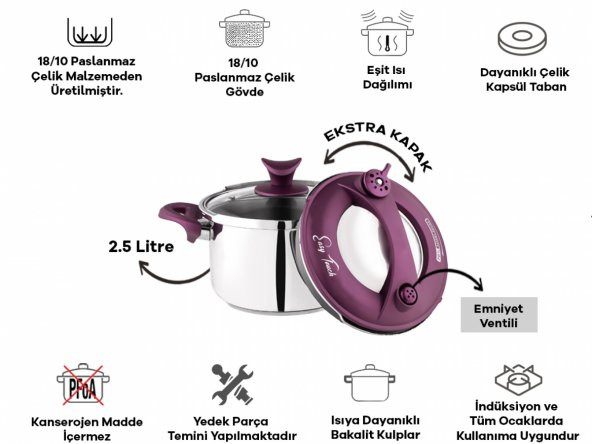 Taç Baby İndüksiyon Tabanlı Düdüklü Tencere 2,5 lt Mor - 2