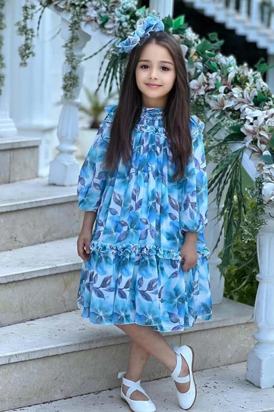 Kız Çocuk Yakası ve Omuzları Fırfır Detaylı Çiçek İşlemeli Pliseli Mavi Elbise - Resim 12