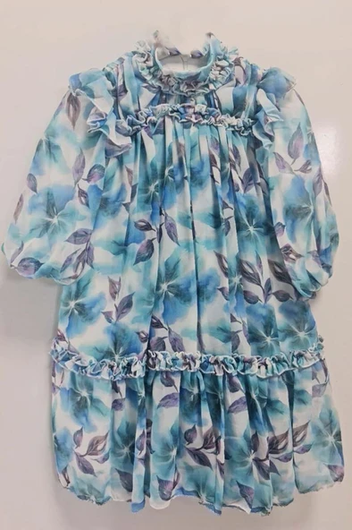 Kız Çocuk Yakası ve Omuzları Fırfır Detaylı Çiçek İşlemeli Pliseli Mavi Elbise - Resim 4