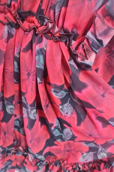 Kız Çocuk Yakası ve Omuzları Fırfır Detaylı Çiçek İşlemeli Pliseli Kırmızı Elbise - Resim 6