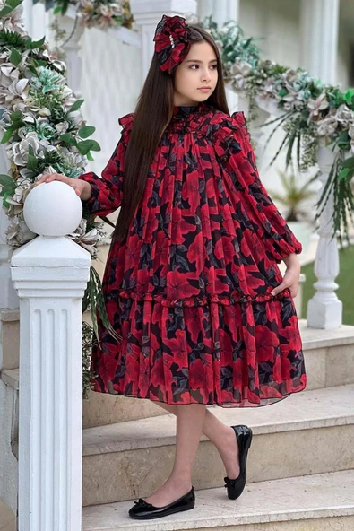 Kız Çocuk Yakası ve Omuzları Fırfır Detaylı Çiçek İşlemeli Pliseli Kırmızı Elbise - Resim 10