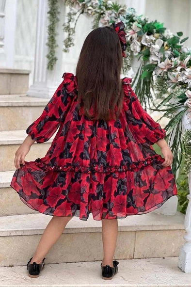 Kız Çocuk Yakası ve Omuzları Fırfır Detaylı Çiçek İşlemeli Pliseli Kırmızı Elbise - Resim 3