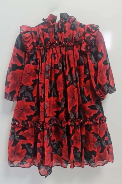 Kız Çocuk Yakası ve Omuzları Fırfır Detaylı Çiçek İşlemeli Pliseli Kırmızı Elbise - Resim 5