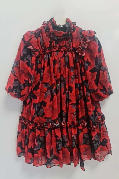 Kız Çocuk Yakası ve Omuzları Fırfır Detaylı Çiçek İşlemeli Pliseli Kırmızı Elbise - Resim 4