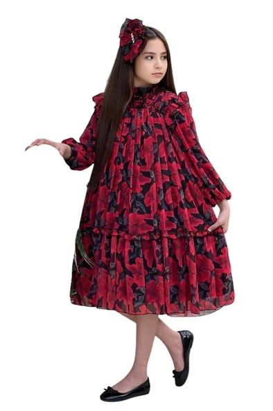 Kız Çocuk Yakası ve Omuzları Fırfır Detaylı Çiçek İşlemeli Pliseli Kırmızı Elbise - Resim 7