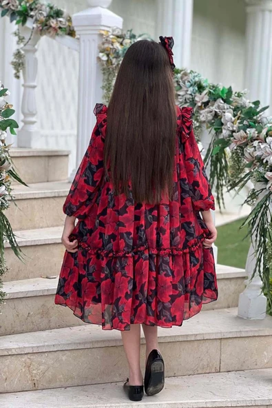 Kız Çocuk Yakası ve Omuzları Fırfır Detaylı Çiçek İşlemeli Pliseli Kırmızı Elbise - Resim 12