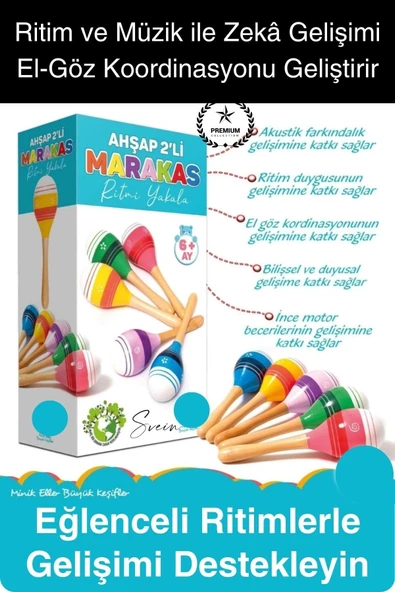 Ahşap 2'li Marakas Seti Ritmi Yakala Müzik Aleti Çocuk Bebek Sesli Çın Çın Davul Çıngırak Vurmalı