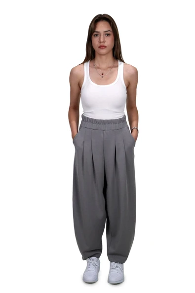 Kadın Modal Kumaş Havuç Kesim Gri Pantolon - 2