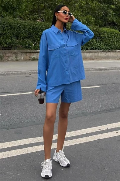 Gömlek Yakalı ve Uzun Kollu Desensiz Flamlı Keten Kadın Gömlek ve Şort Takımı (2 Parça ) MAVİ - 5