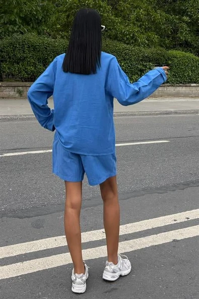 Gömlek Yakalı ve Uzun Kollu Desensiz Flamlı Keten Kadın Gömlek ve Şort Takımı (2 Parça ) MAVİ - 3