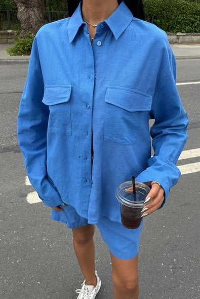 Gömlek Yakalı ve Uzun Kollu Desensiz Flamlı Keten Kadın Gömlek ve Şort Takımı (2 Parça ) MAVİ - 2