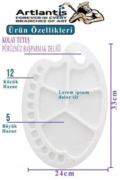 Büyük 17 Hazneli Resim Paleti 1 Adet 24x33 cm Plastik Resim Paleti Oval Şekil 17 Godeli Renk Karıştırma Tepsisi Boyama - 3