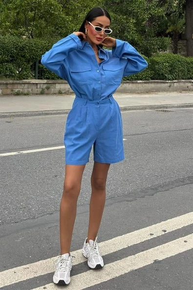 Gömlek Yakalı ve Uzun Kollu Desensiz Flamlı Keten Kadın Gömlek ve Şort Takımı (2 Parça ) MAVİ - 4