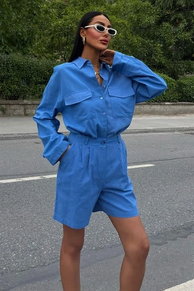 Gömlek Yakalı ve Uzun Kollu Desensiz Flamlı Keten Kadın Gömlek ve Şort Takımı (2 Parça ) MAVİ