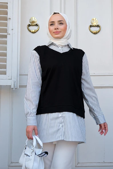 Seçil Kadın Siyah Günlük Penye Süveter Detaylı Çizgili Gömlek SECIL-4997 - 2
