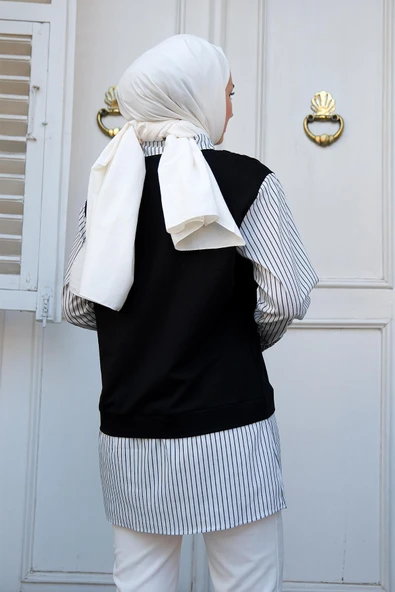 Seçil Kadın Siyah Günlük Penye Süveter Detaylı Çizgili Gömlek SECIL-4997 - 5