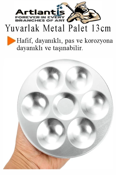Yuvarlak Metal Palet 1 Adet Metal Boya Paleti 7 Hazneli 13 cm Paslanmaz Resim Boyama Paleti Fırça Hediyeli - 4