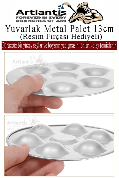 Yuvarlak Metal Palet 1 Adet Metal Boya Paleti 7 Hazneli 13 cm Paslanmaz Resim Boyama Paleti Fırça Hediyeli - 2