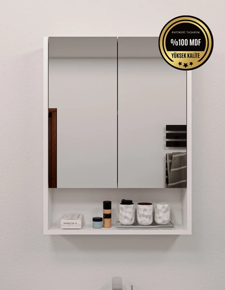 Lotus MDF 2 Kapaklı Aynalı Banyo Dolabı Lavabo Üstü Dolap Çok Amaçlı Banyo Dolabı