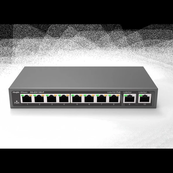 Ruijie-Reyee RG-ES110D-P 8 Port Poe+ 10-100 Mbps 2 Port 10-100-1000 Mbps Uplink Switch Çelik Kasa