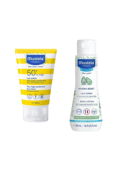 Mustela SPF50+ Çok Yüksek Koruma Faktörlü Güneş Losyonu 100 ml + Hydra Bebe Vücut Losyonu 50 ml