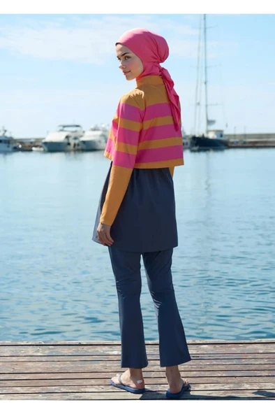 Mayovera Dinamik Turuncu Paraşüt Kumaş Tasarım Tesettür Mayo - Resim 7