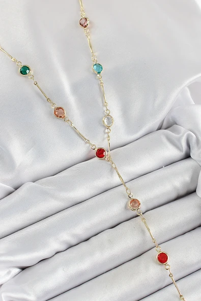 Pirinç Asorti Model Gold Renk Zirkon Taşlı Y Kolye - TJ-BKO10251