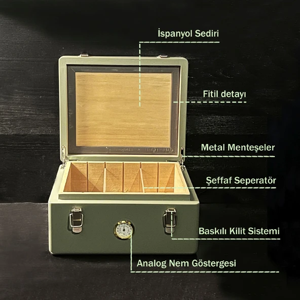 Mezmob İspanyol Sedir Humidor Puro Kutusu Baskı Kilitli Fitilli Haki Yeşil Lake Boya Analog - 3
